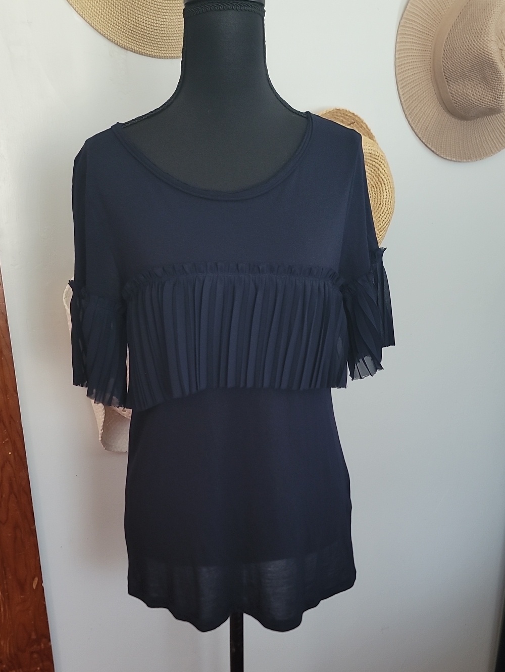 Banana Republic Navy Pleated Ruffle Short Sleeve Top